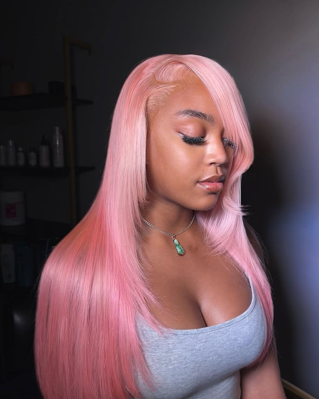 Pastel pink straight install with side part