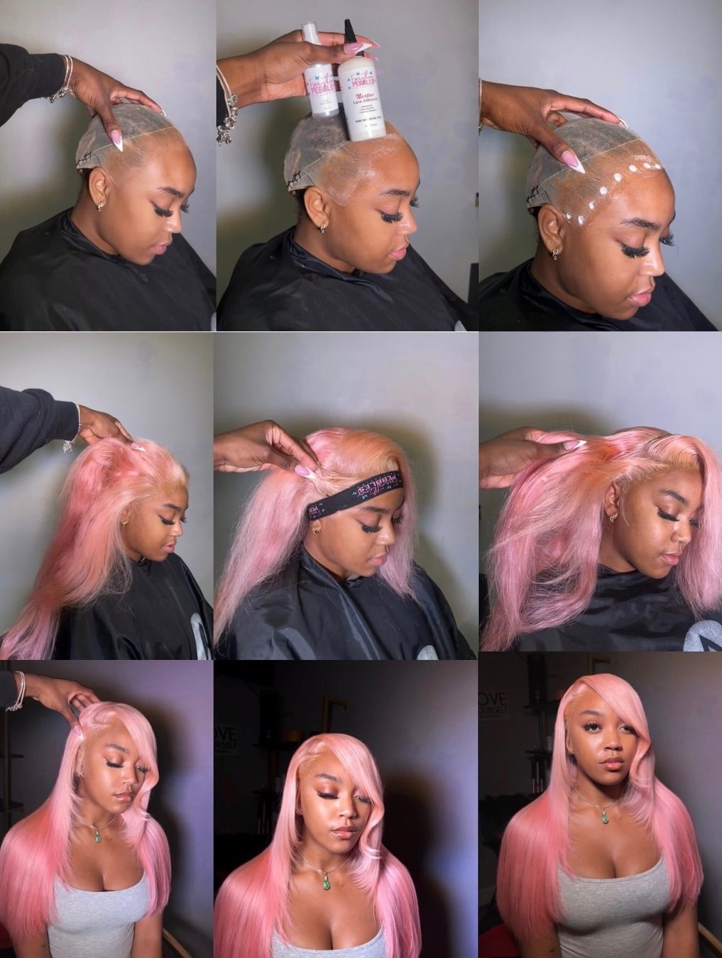 Step-by-step install process: prep, lace, and finished pastel pink unit