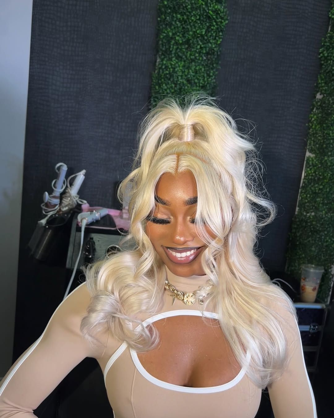 613 blonde half-up install with body wave